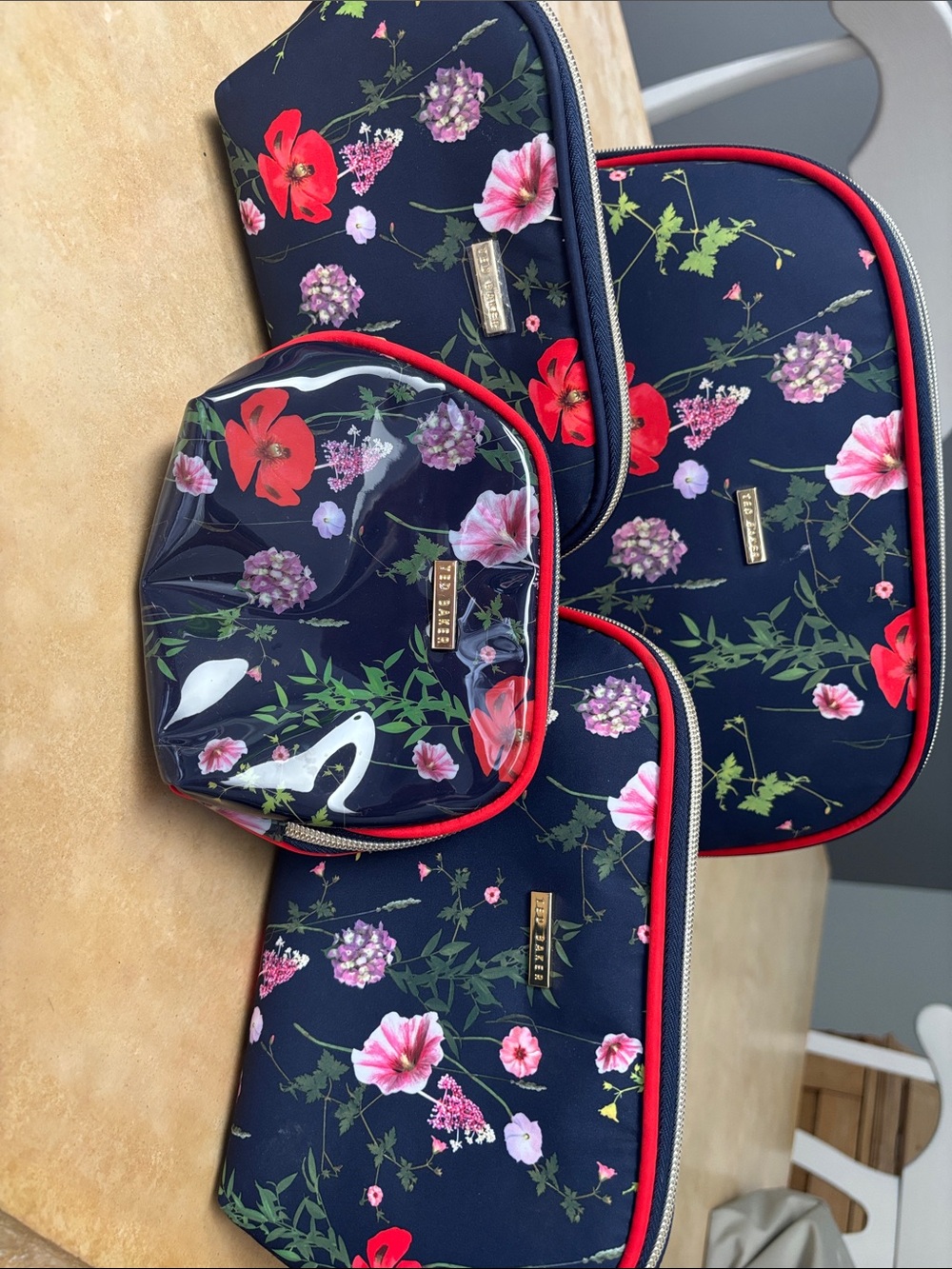 Ted Baker Navy Floral Cosmetic Pouch Set with Red Trim